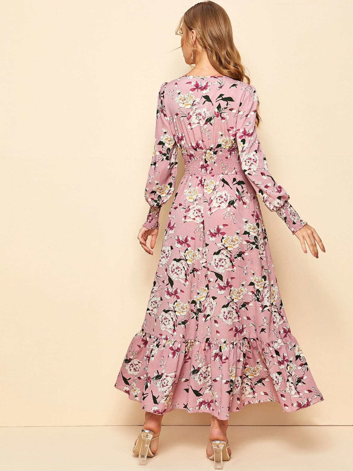 Knot Shirred Waist Flounce Hem Floral Dress