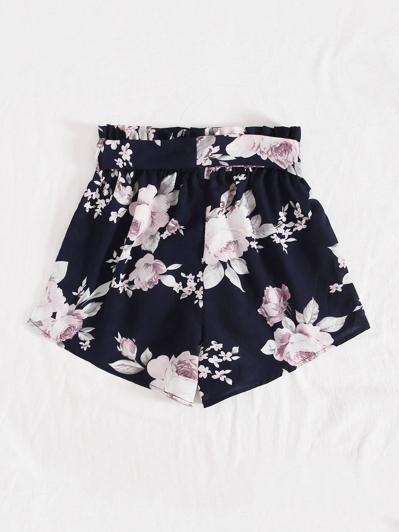Floral Print Belted Shorts