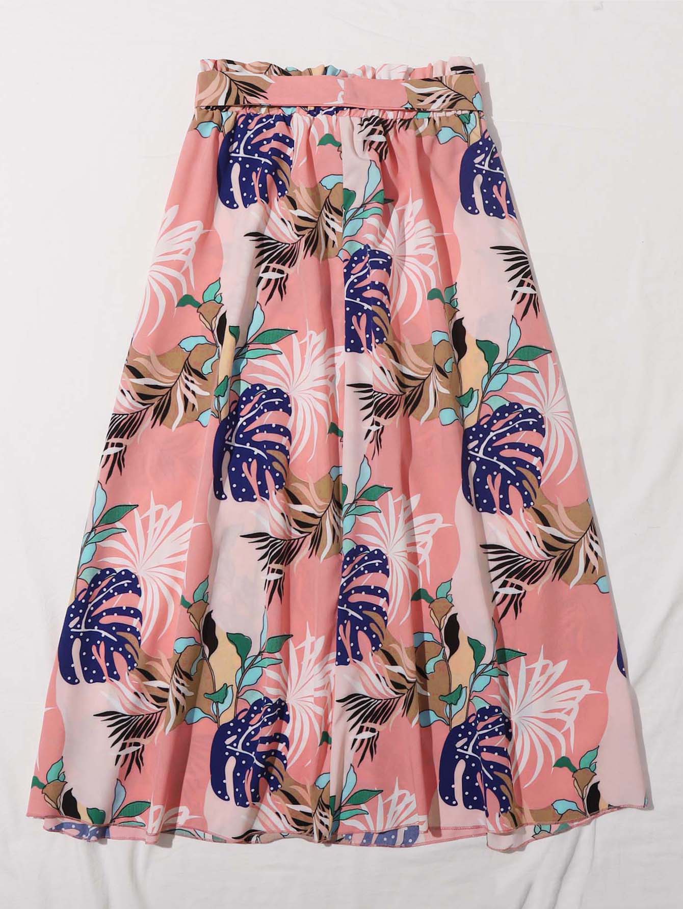 Paperbag Waist Belted Tropical Print Skirt