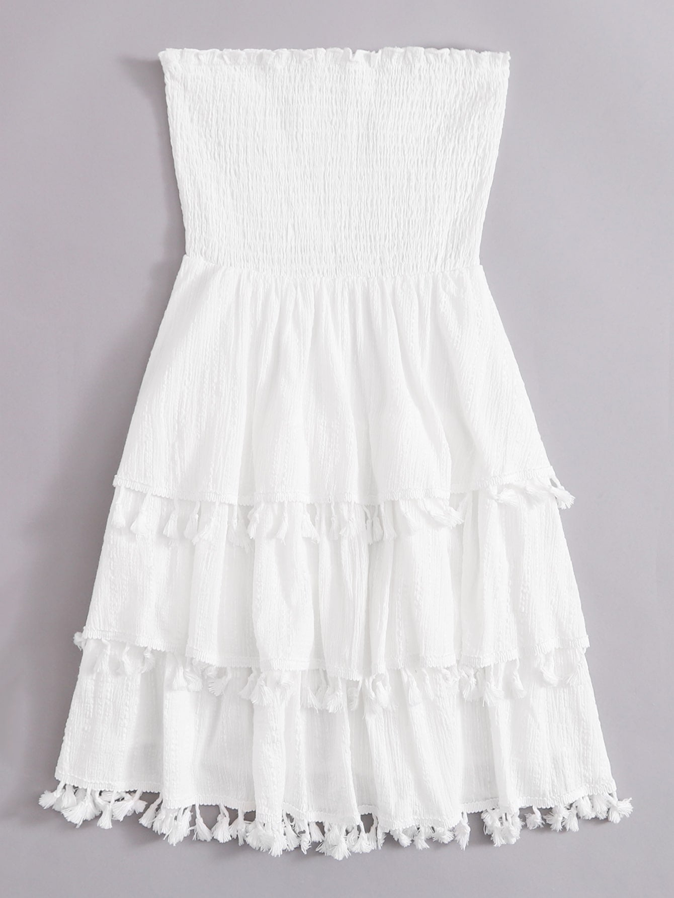 Shirred Bodice Tassel Trim Layered Hem Tube Dress