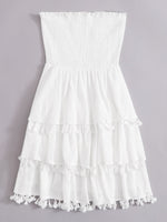 Shirred Bodice Tassel Trim Layered Hem Tube Dress