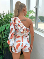 Joyfunear Ruffle One Shoulder Belted Tropical Romper