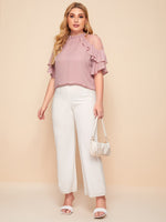 Plus Dobby Mesh Insert Ruffle Trim Top