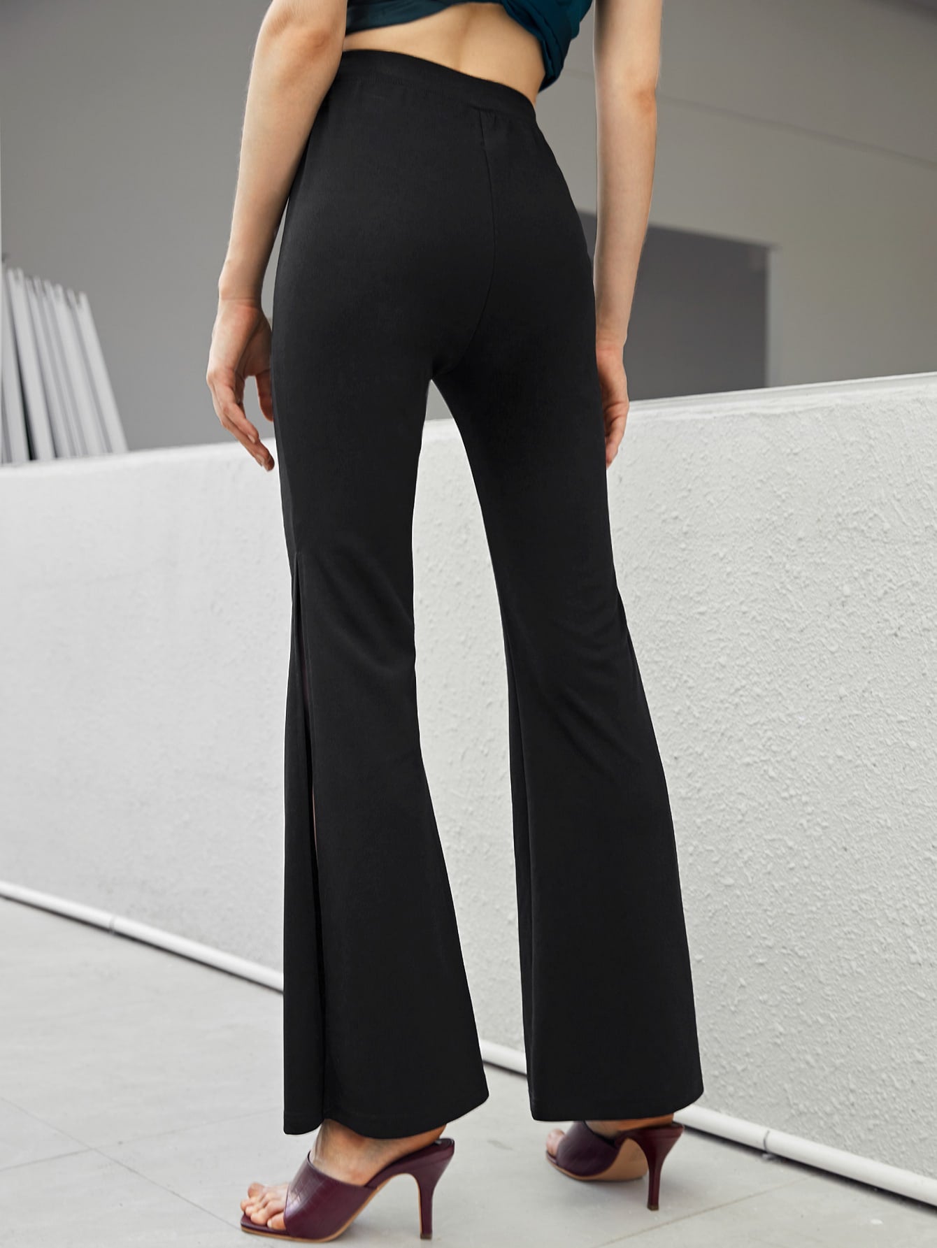 Overlap Waist Split Thigh Flare Leg Pants