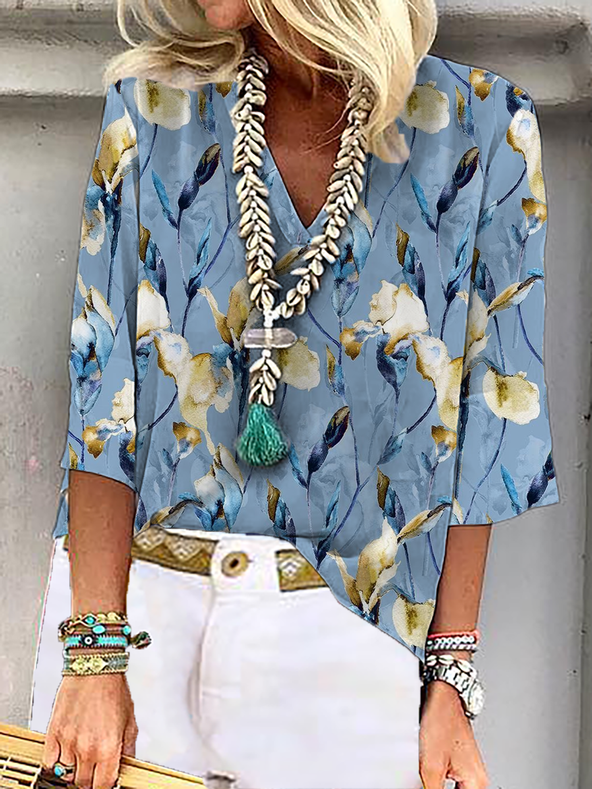 Loose Three Quarter Sleeve V Neck Floral Casual Regular Blouse