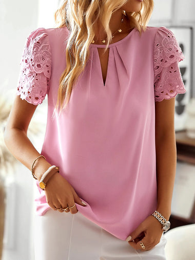 Loose Short Sleeve Notched Plain Hollow Out Casual Regular Blouse