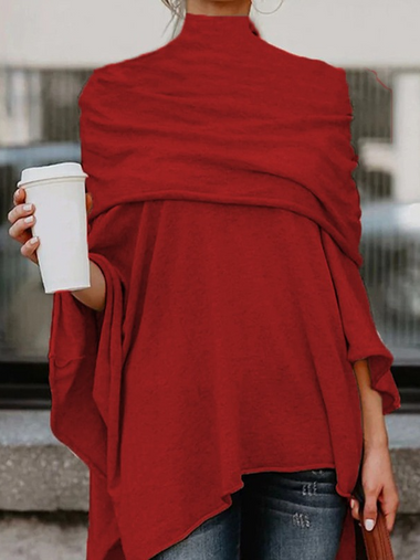 Loose Long Sleeve Turtleneck Plain Casual Regular Blouse