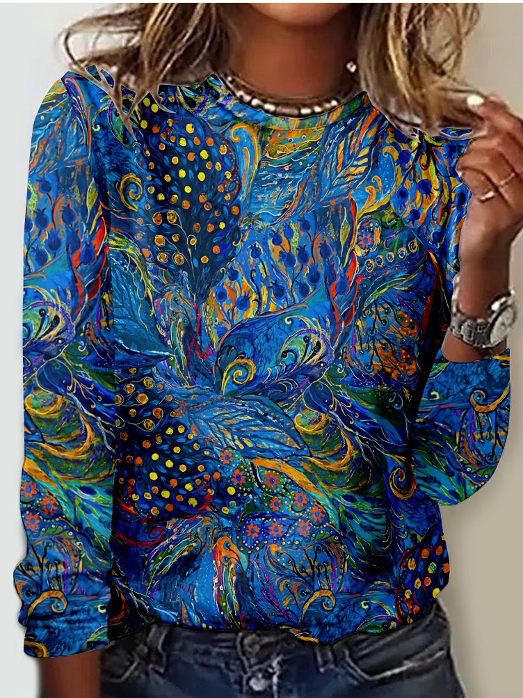 Long Sleeve Crew Neck Peacock Casual Regular Blouse