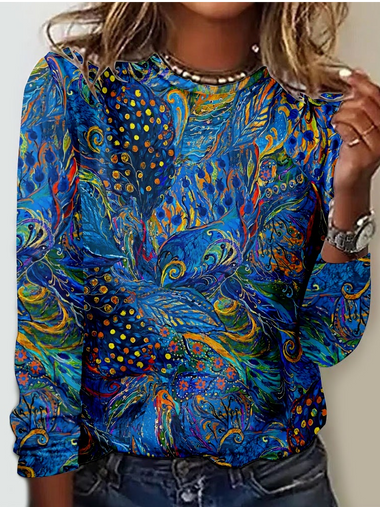 Long Sleeve Crew Neck Peacock Casual Regular Blouse