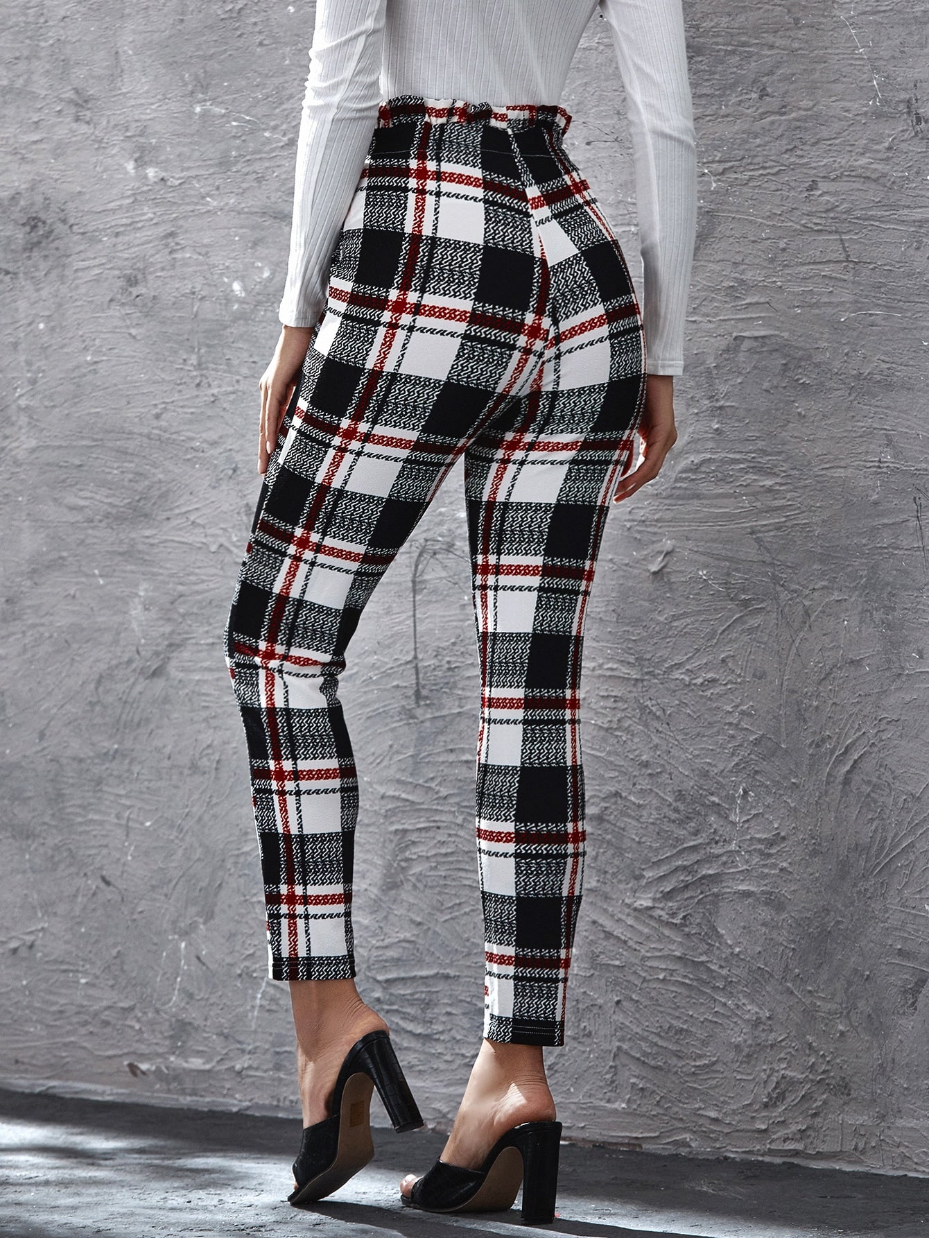 Paperbag Waist Tie Front Plaid Pants