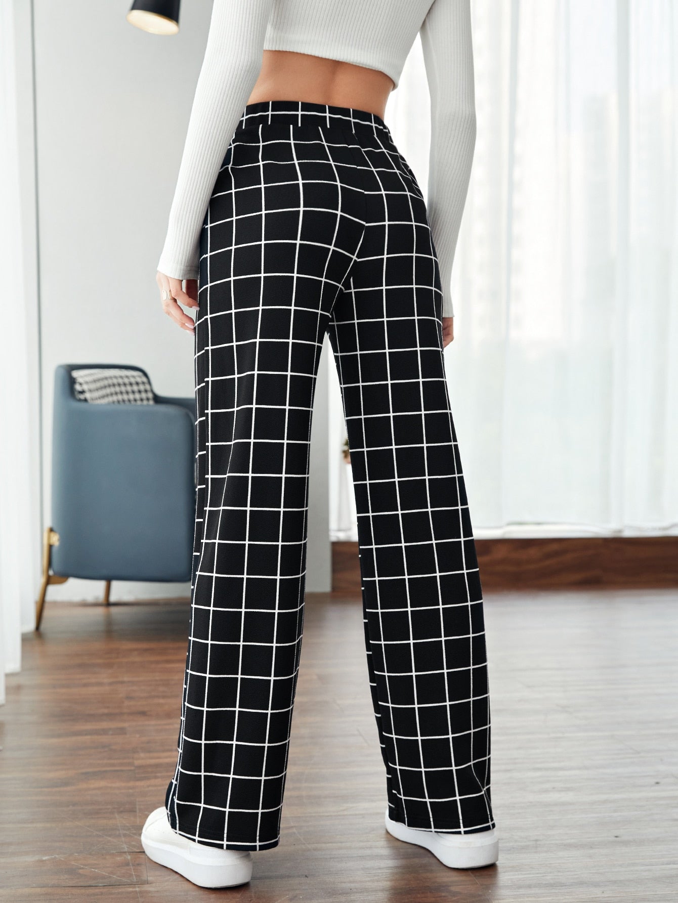 Elastic Waist Grid Print Pants