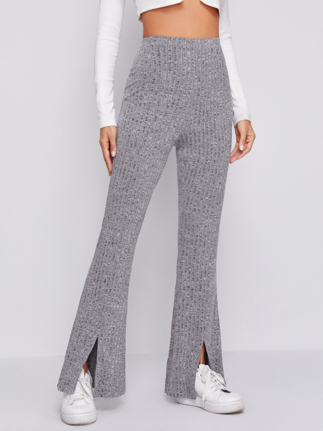 Split Hem Ribbed Flare Leg Pants