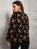 Plus Frilled Neck Lantern Sleeve Allover Floral Top