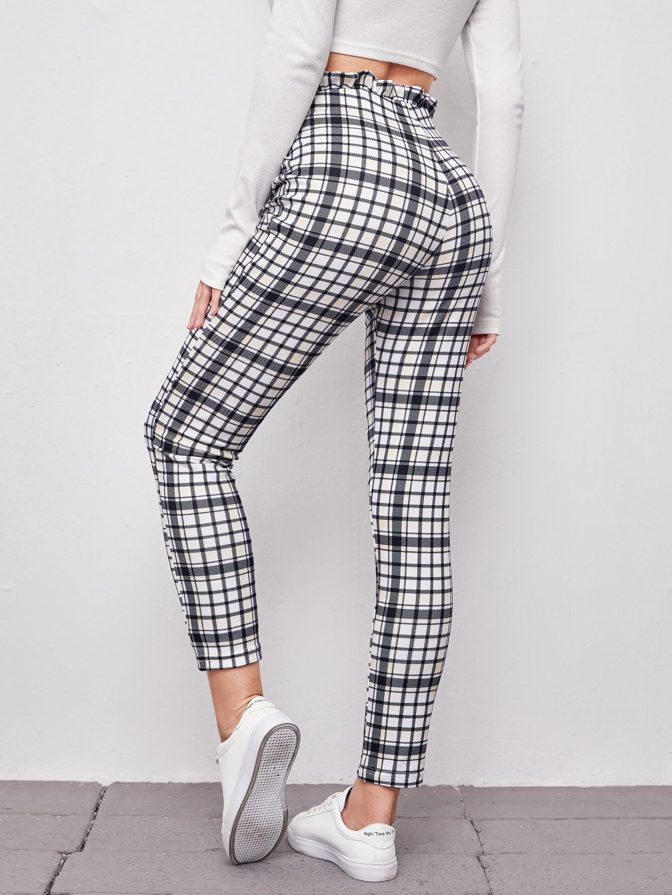 Paperbag Waist Knot Front Plaid Pants