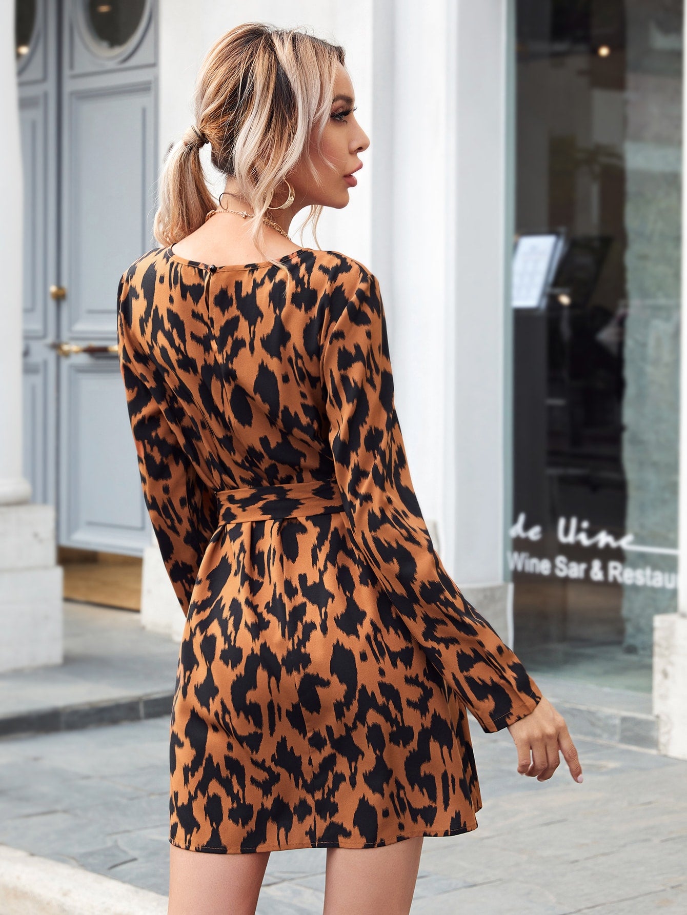 Keyhole Back Allover Print Belted Dress