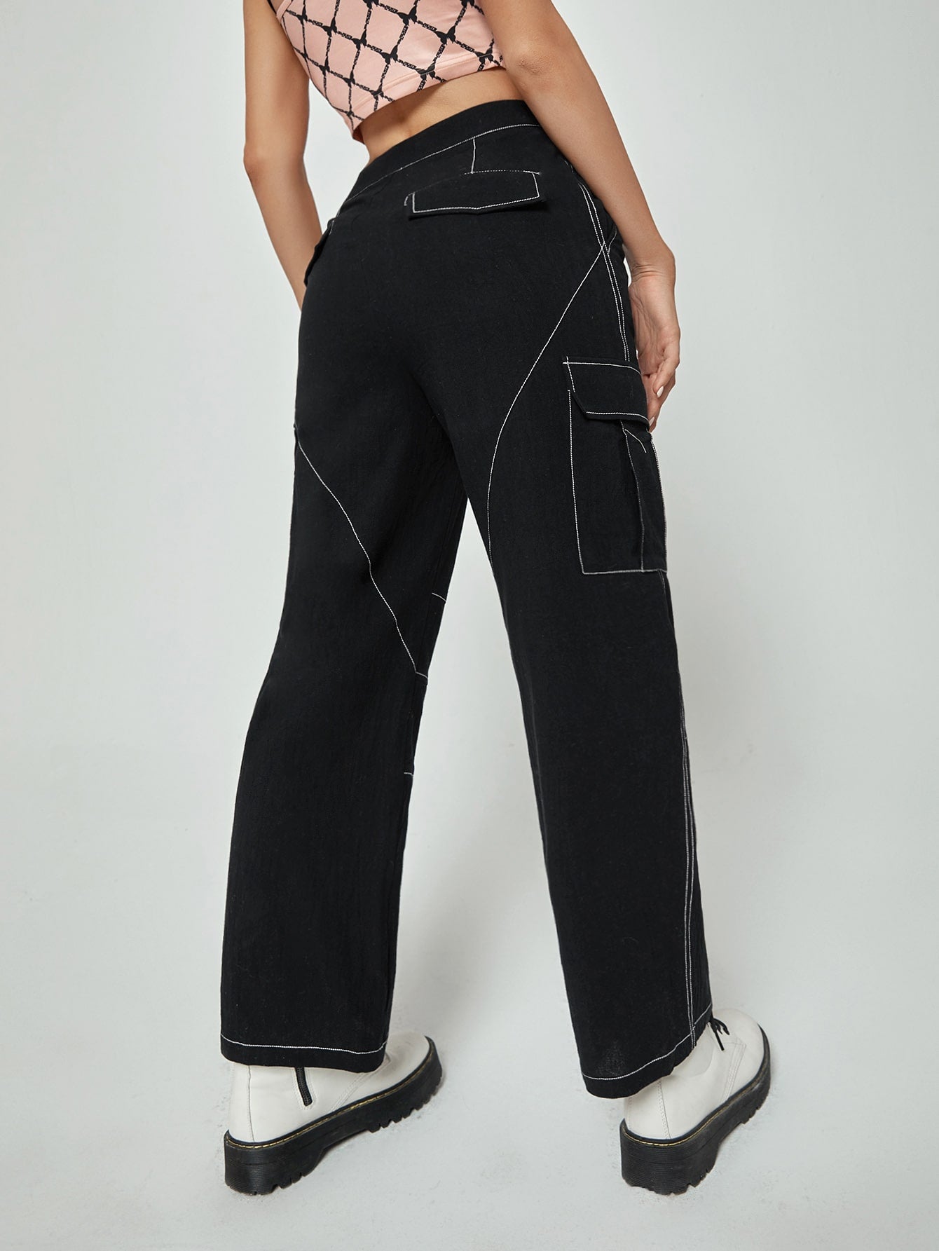 Contrast Topstitching Side Flap Pocket Cargo Pants