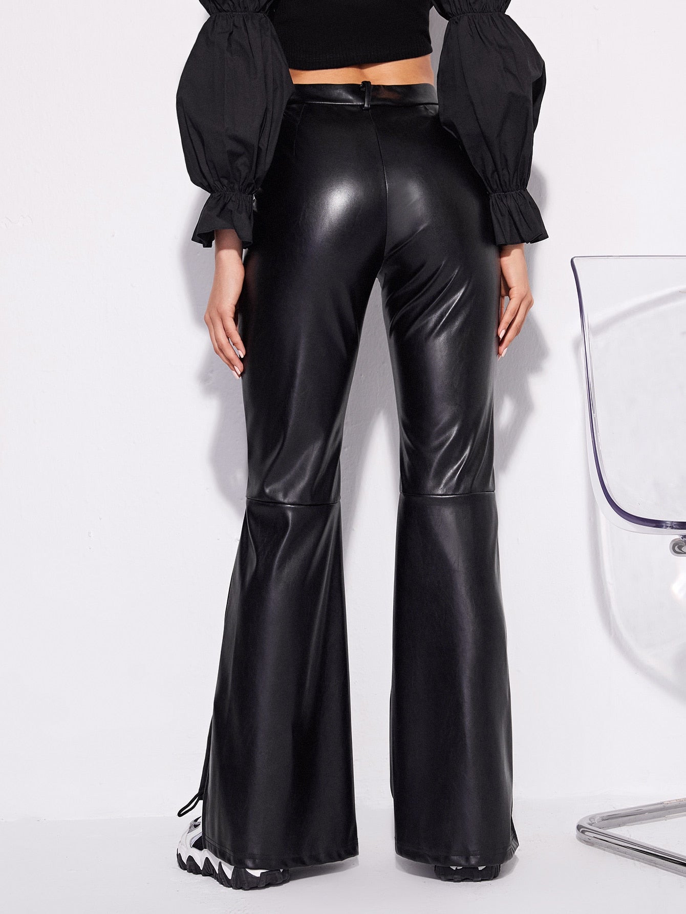 High Waist PU Leather Flare Leg Slit Hem Pants