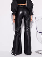 High Waist PU Leather Flare Leg Slit Hem Pants