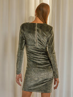 VELVET PLUNGING NECK RUCHED DRESS
