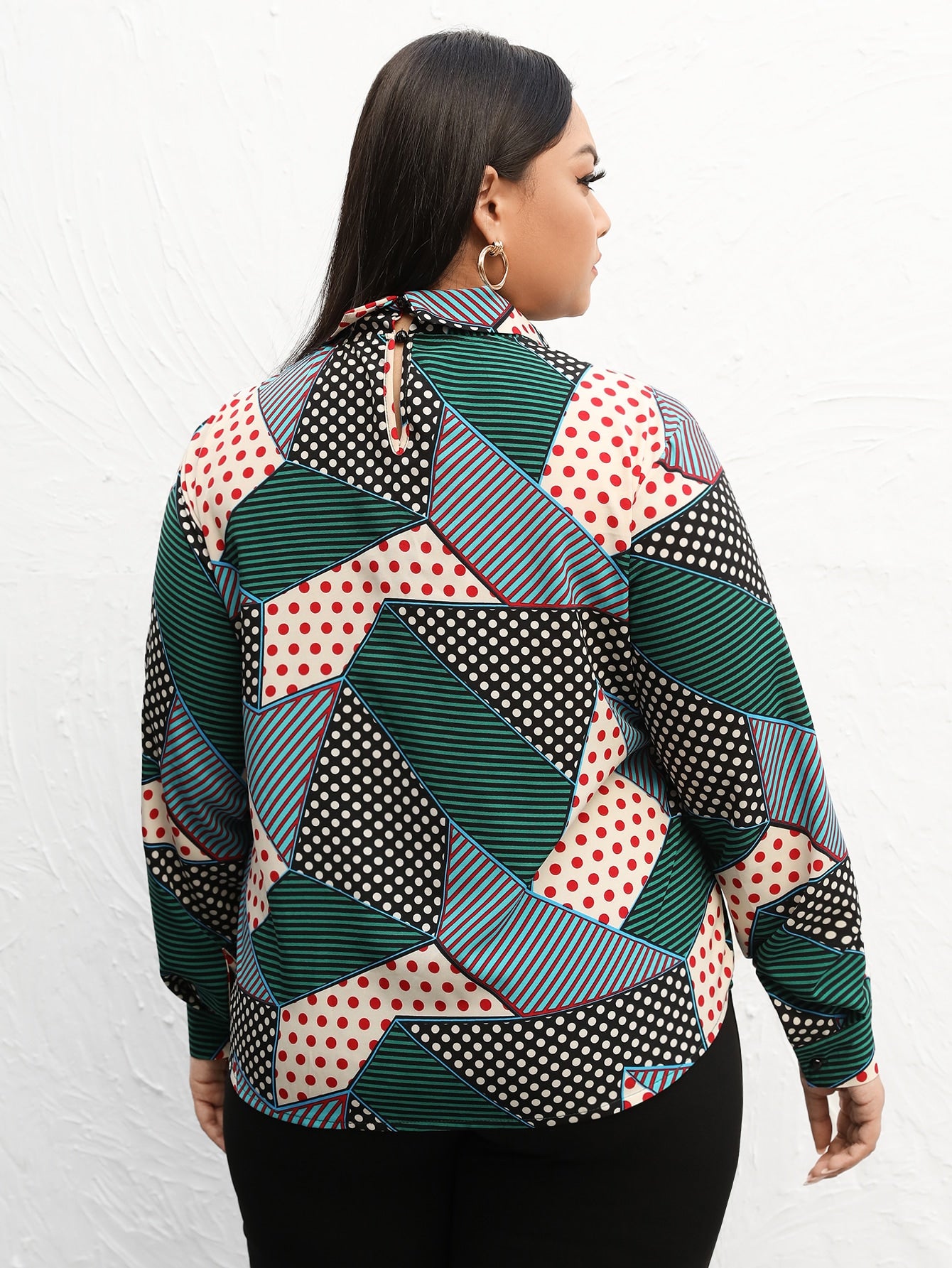 Plus Polka Dot Patchwork Tie Neck Blouse