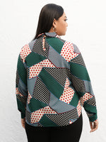 Plus Polka Dot Patchwork Tie Neck Blouse