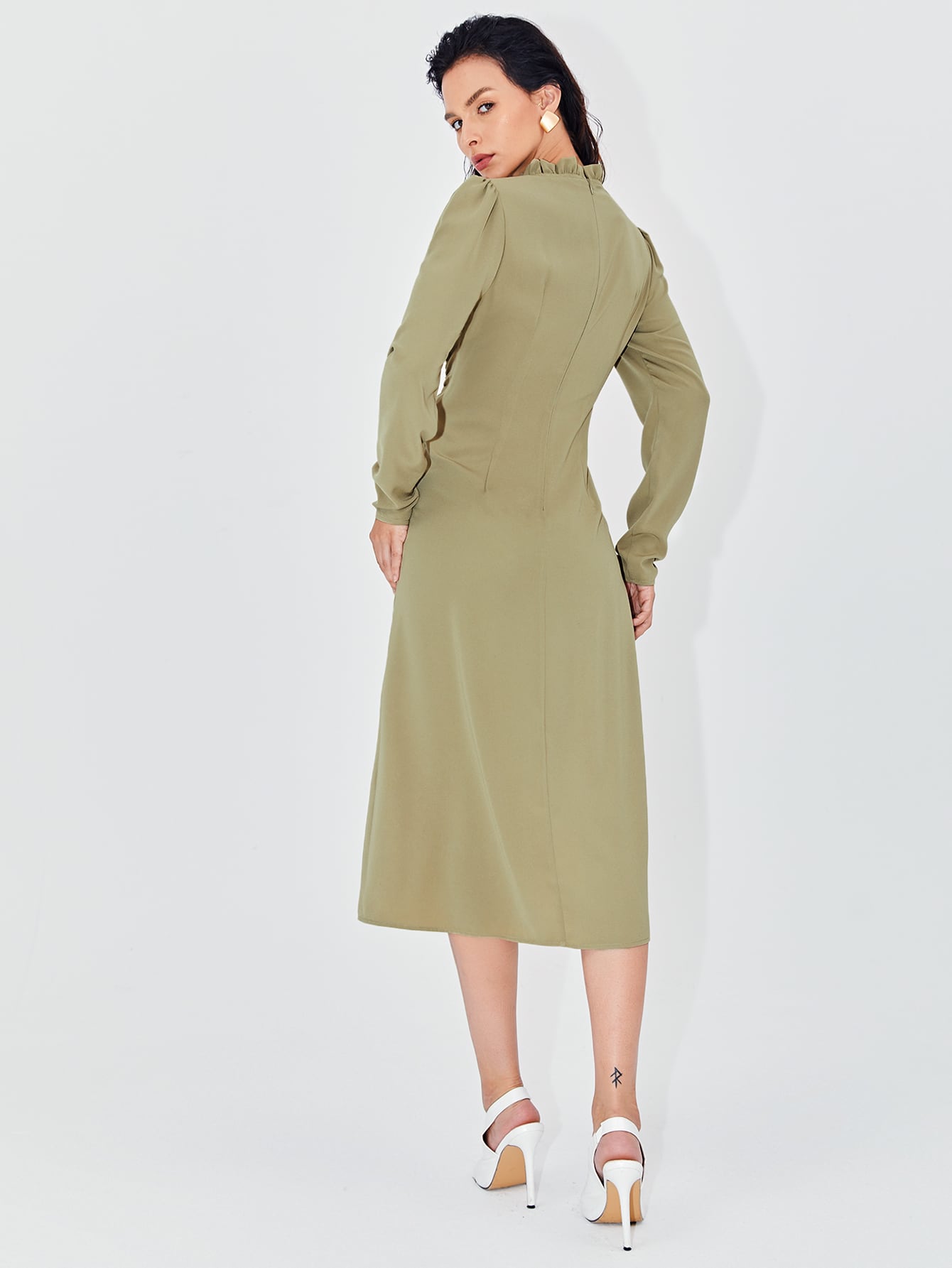 Frill Mock Neck Drawstring Ruched Detail Dress