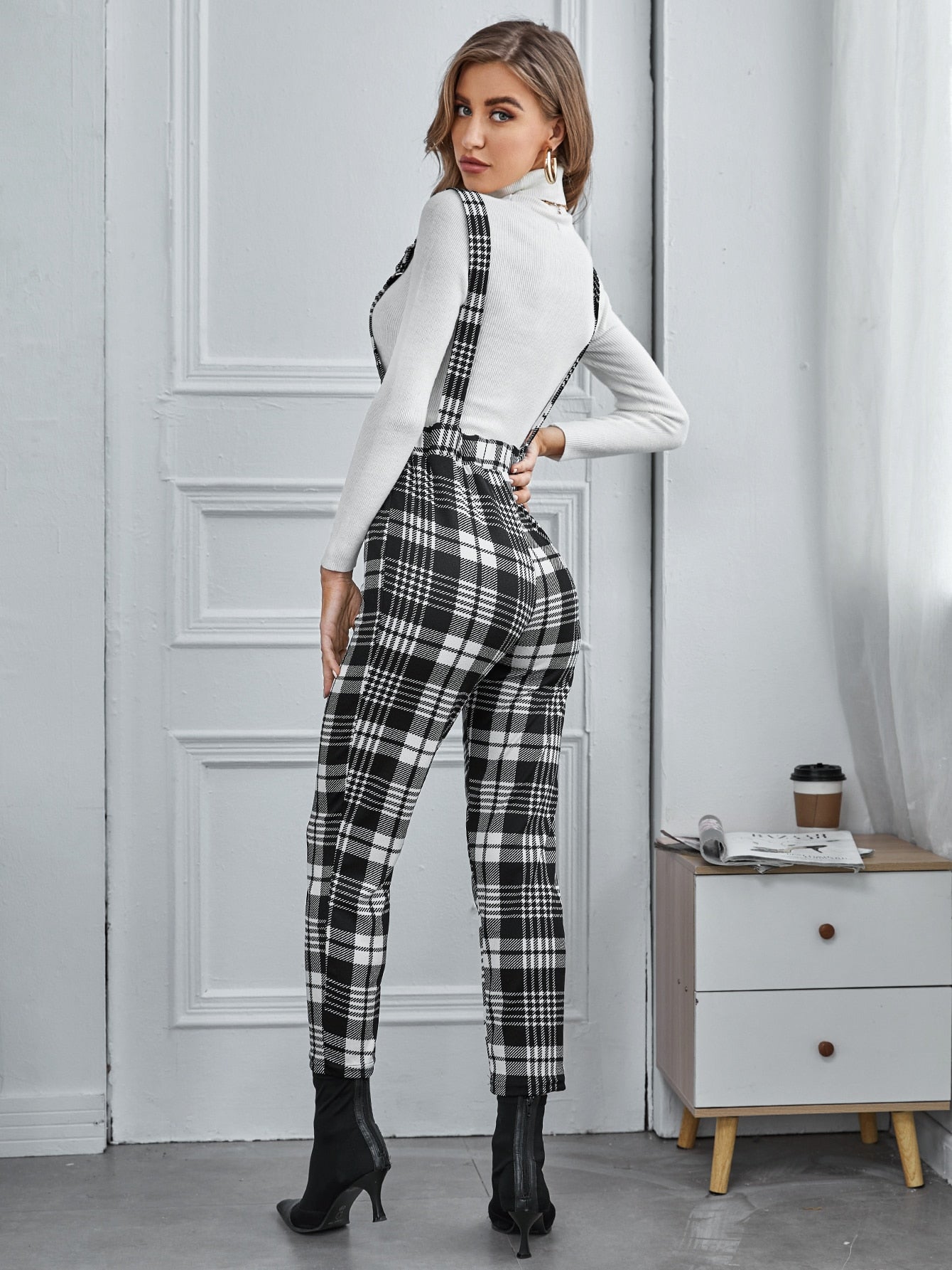 Plaid High Waist Suspender Jumpsuit