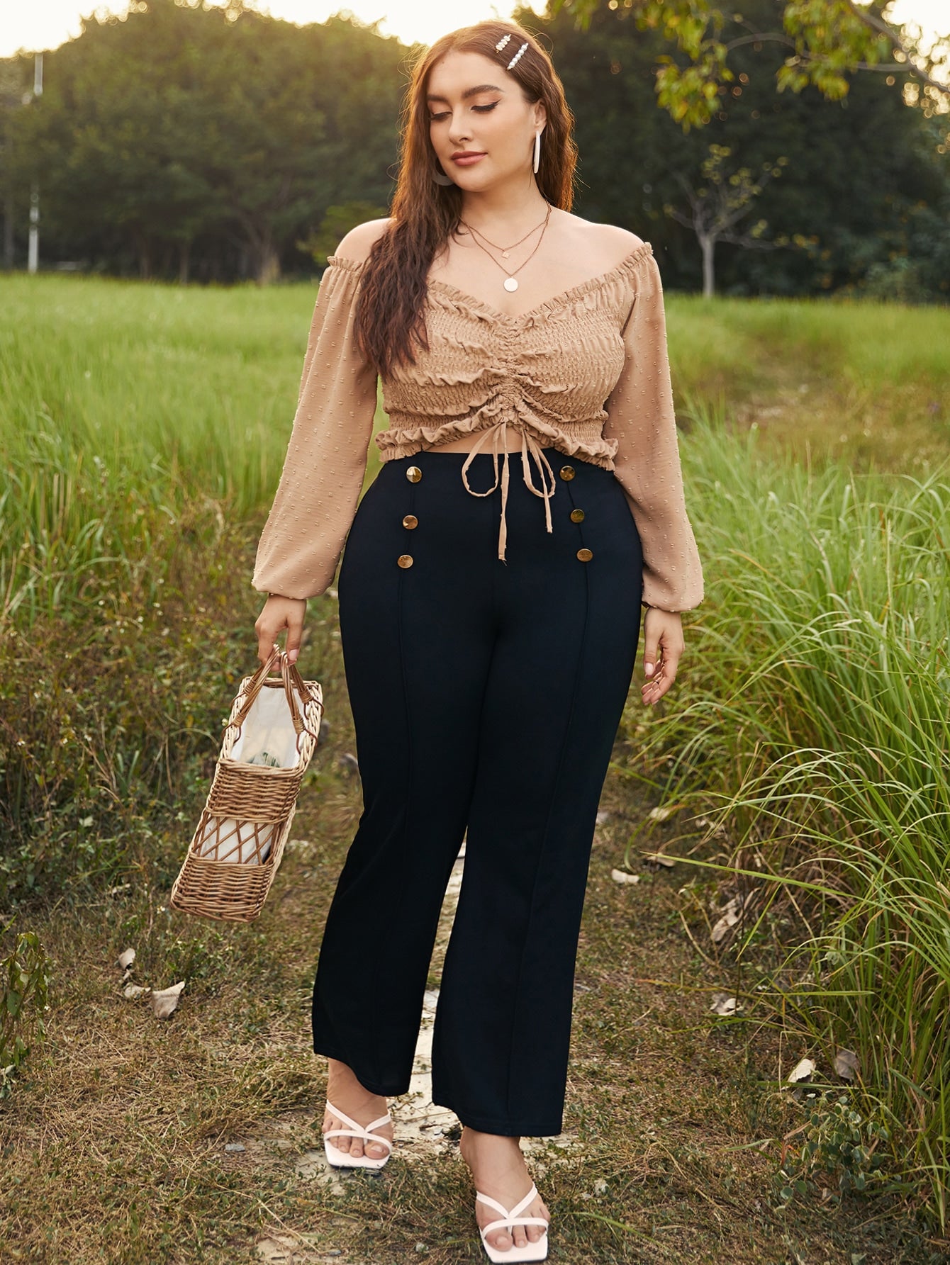 Plus Solid Shirred Drawstring Front Milkmaid Crop Top