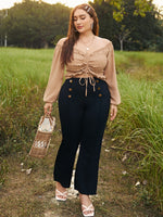 Plus Solid Shirred Drawstring Front Milkmaid Crop Top