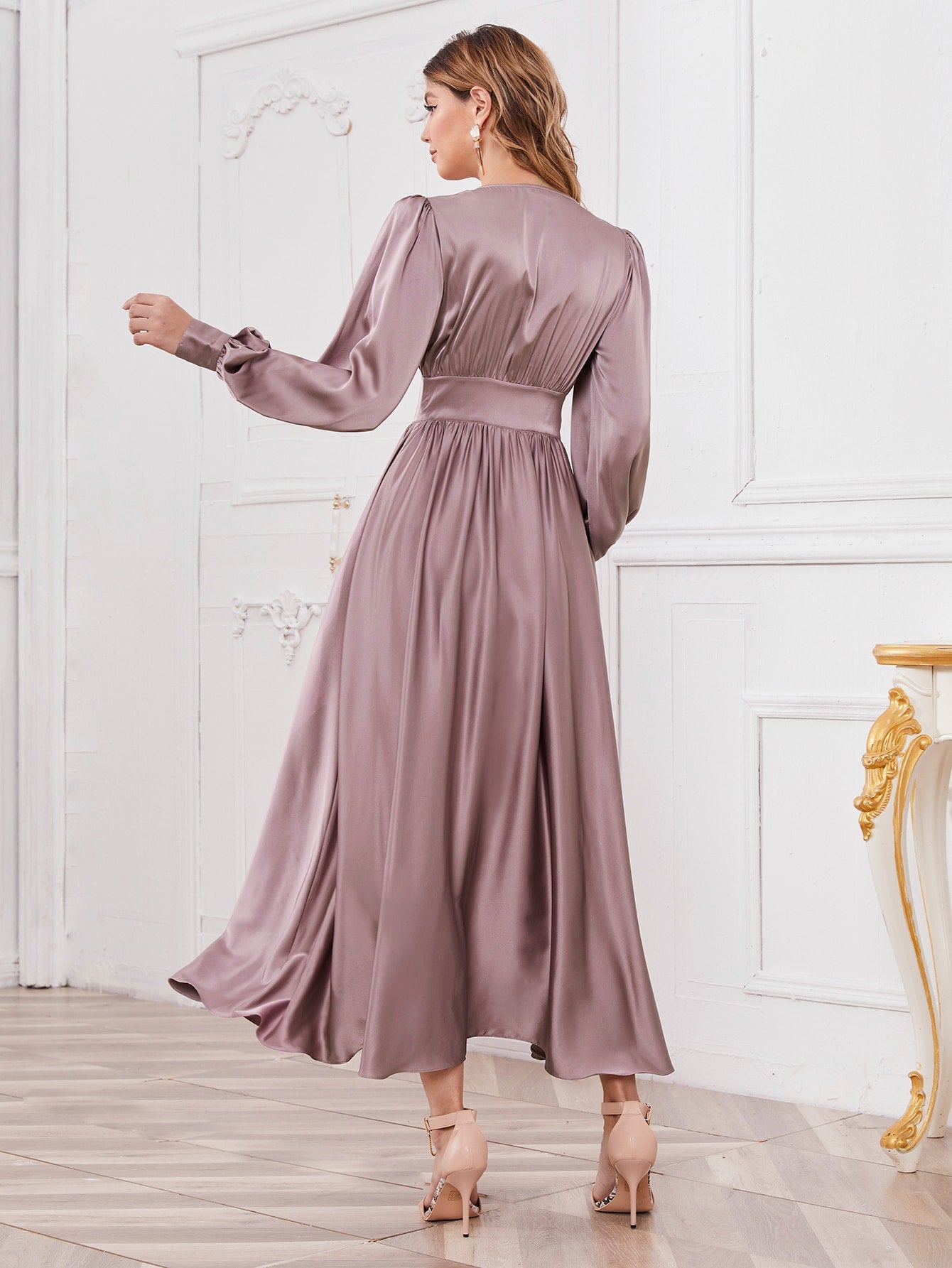 Buttoned Front Ruched Bust Satin Dress