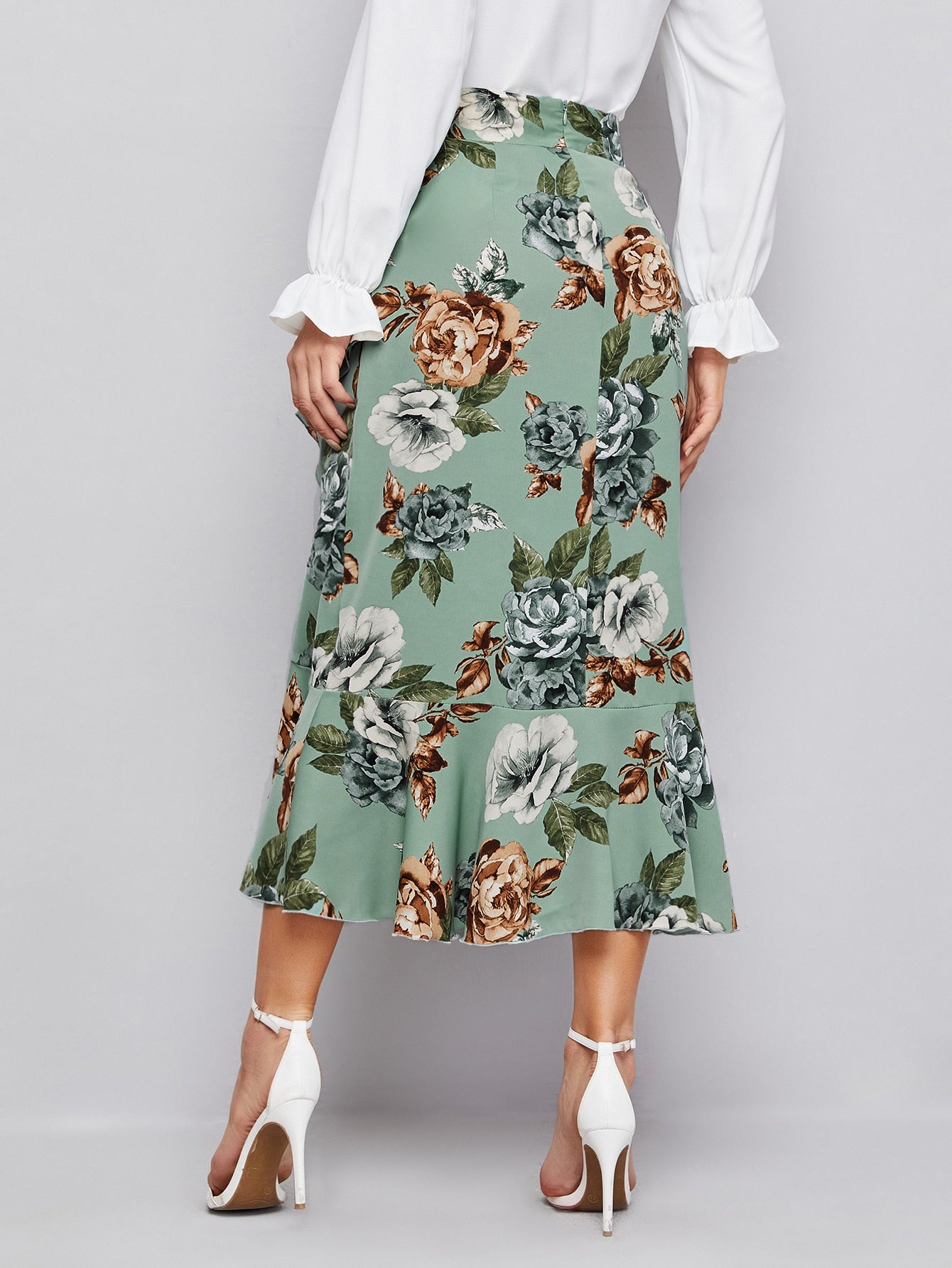 Floral Ruffle Trim Belted Skirt