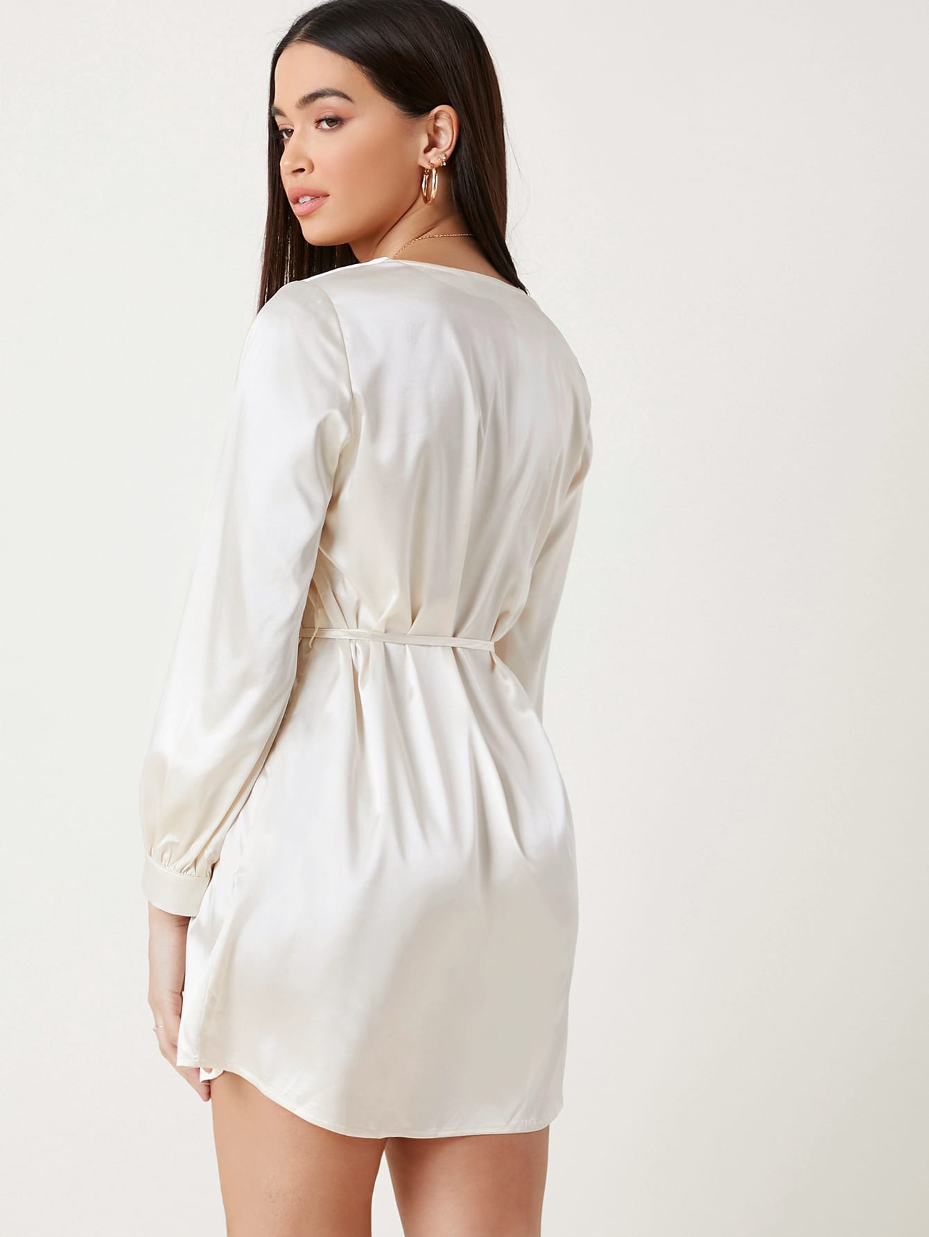 V-Neck Belted Solid Satin Dress