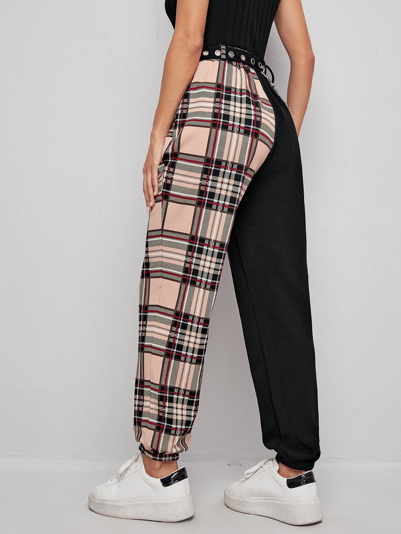 Colorblock Tartan Chain Detail Belted Joggers