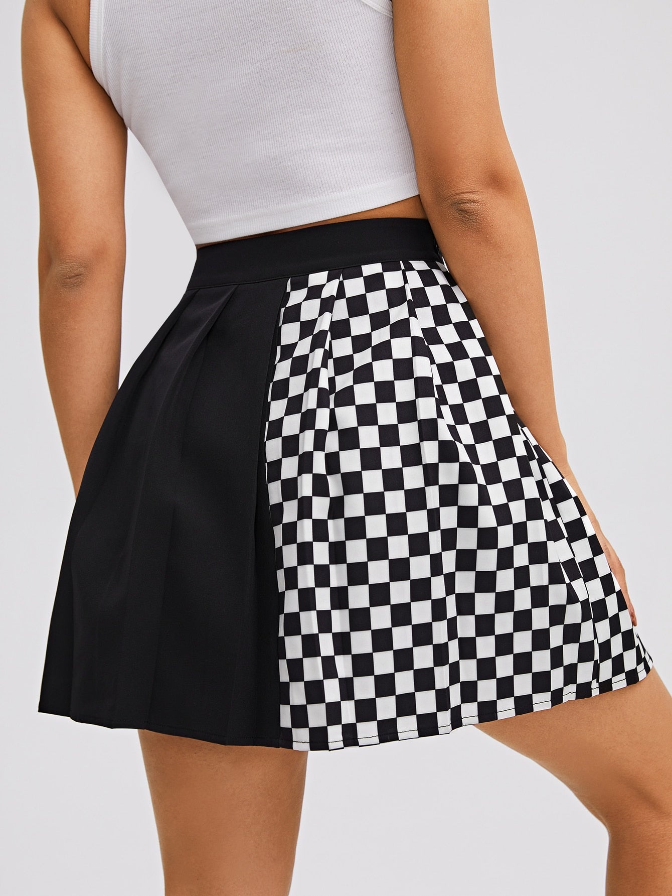 Checked Panel Pleated Skirt