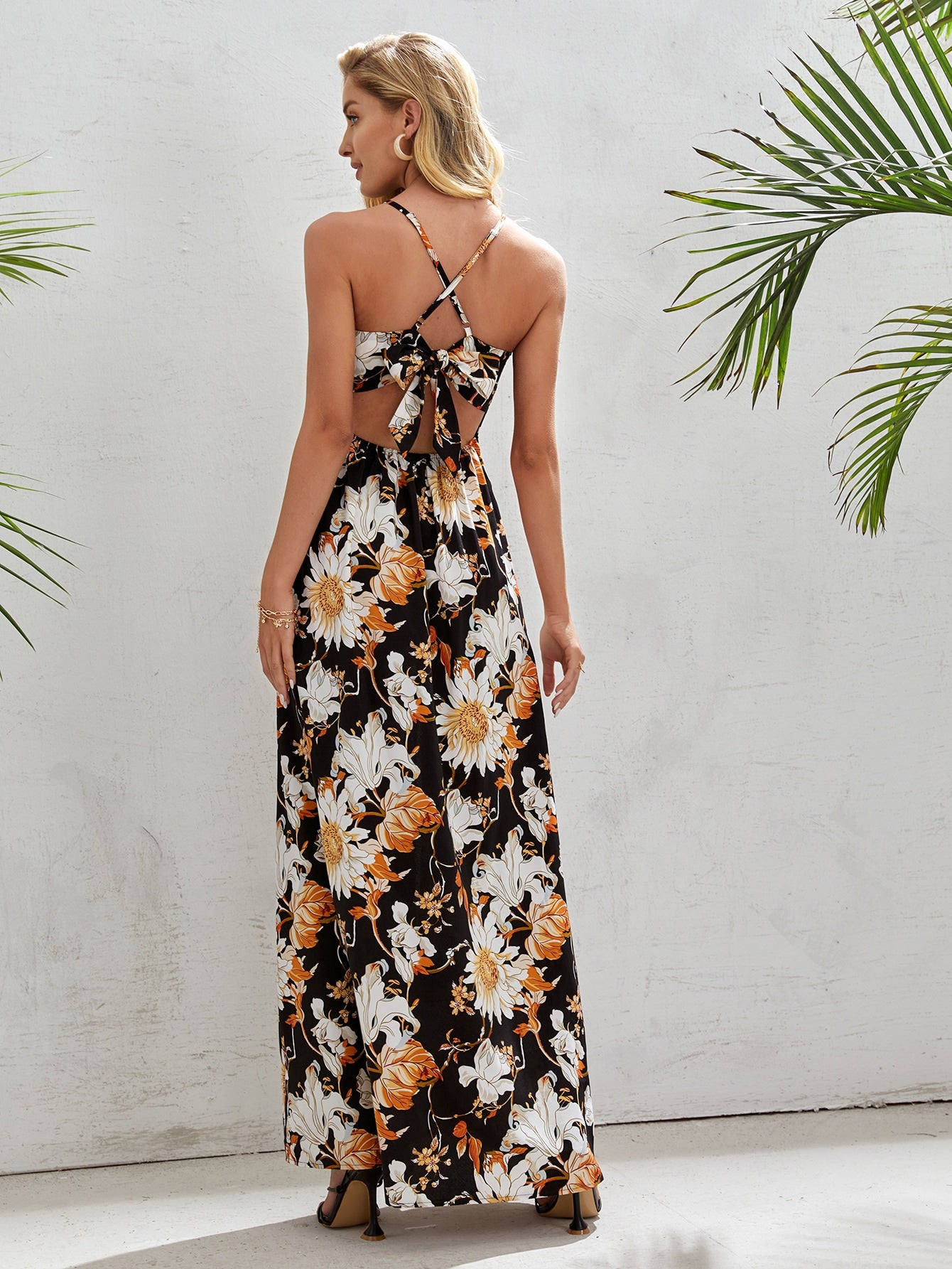Tie Back Lace Insert Split Thigh Floral Cami Dress