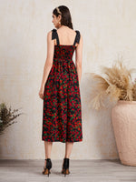 Tie Shoulder Shirred Bodice Floral Dress