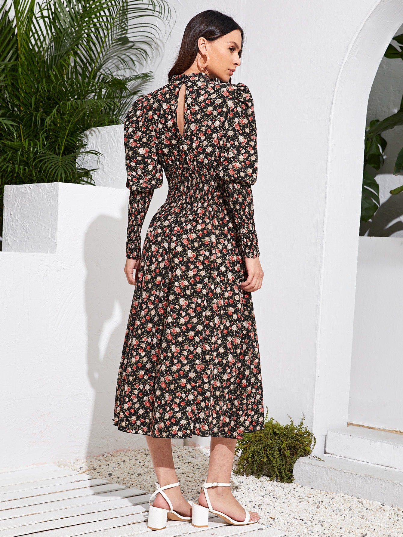Floral Gigot Sleeve Shirred Detail Dress