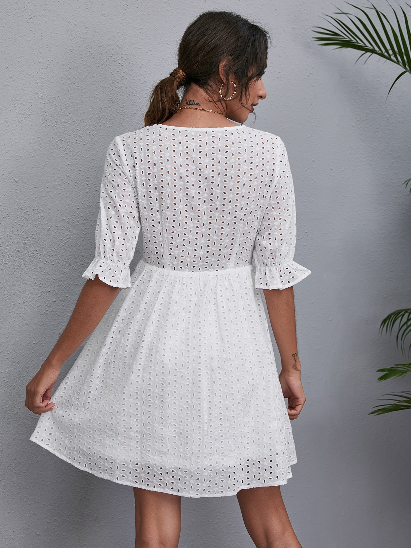 V-neck Flounce Sleeve Schiffy Dress