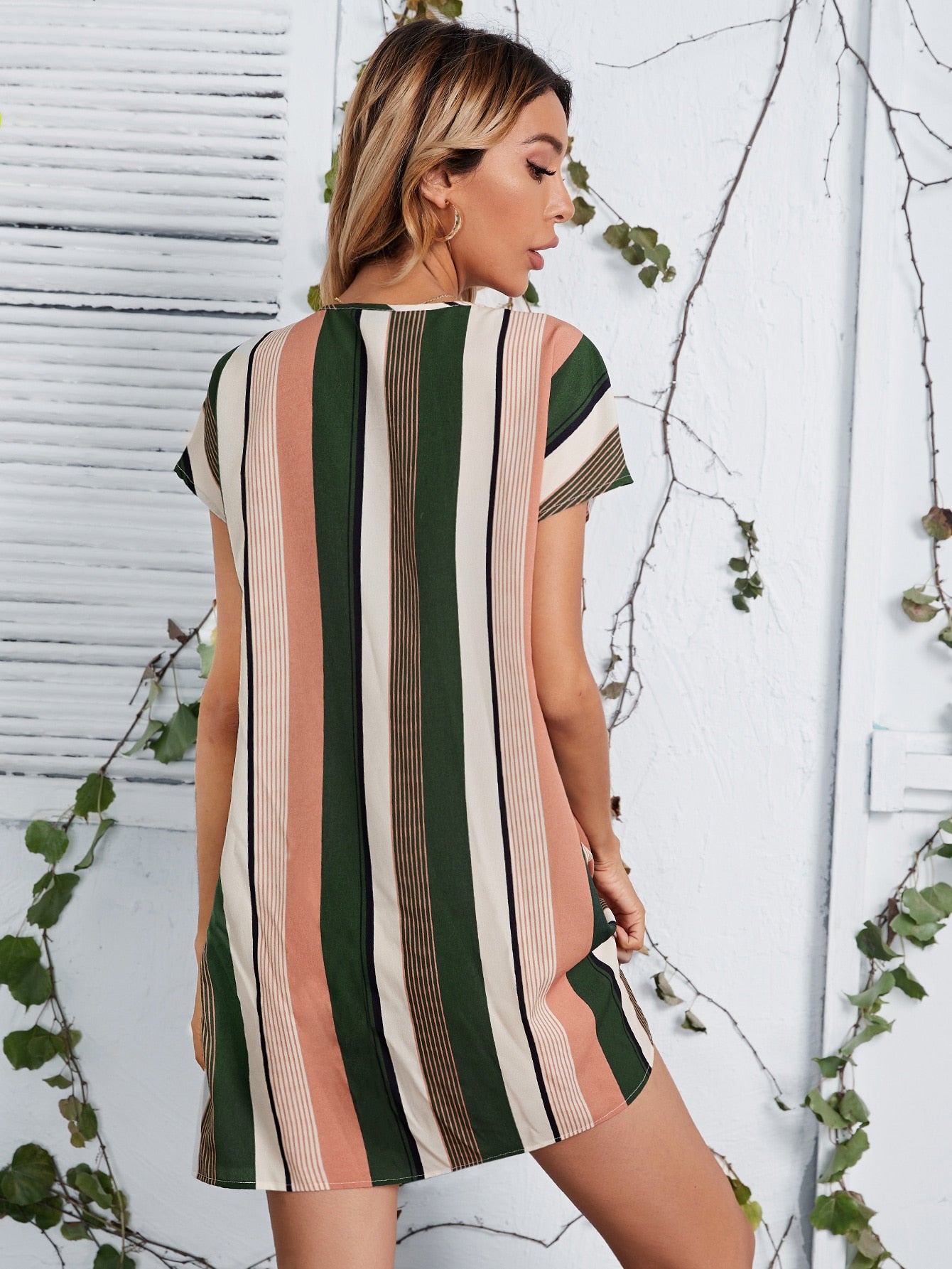 Keyhole Neck Striped Tunic Dress