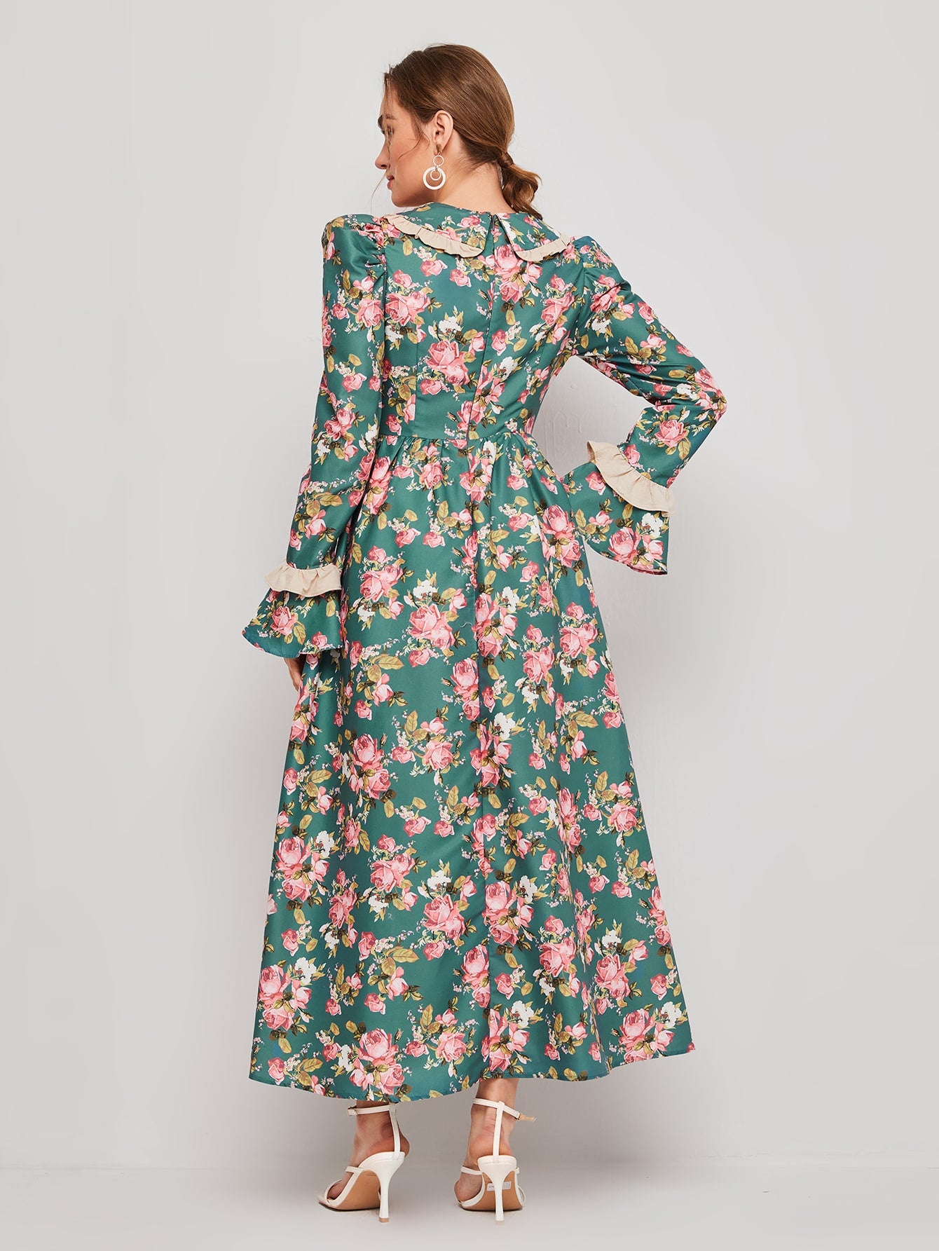 Peter Pan Collar Floral Flounce Sleeve Dress