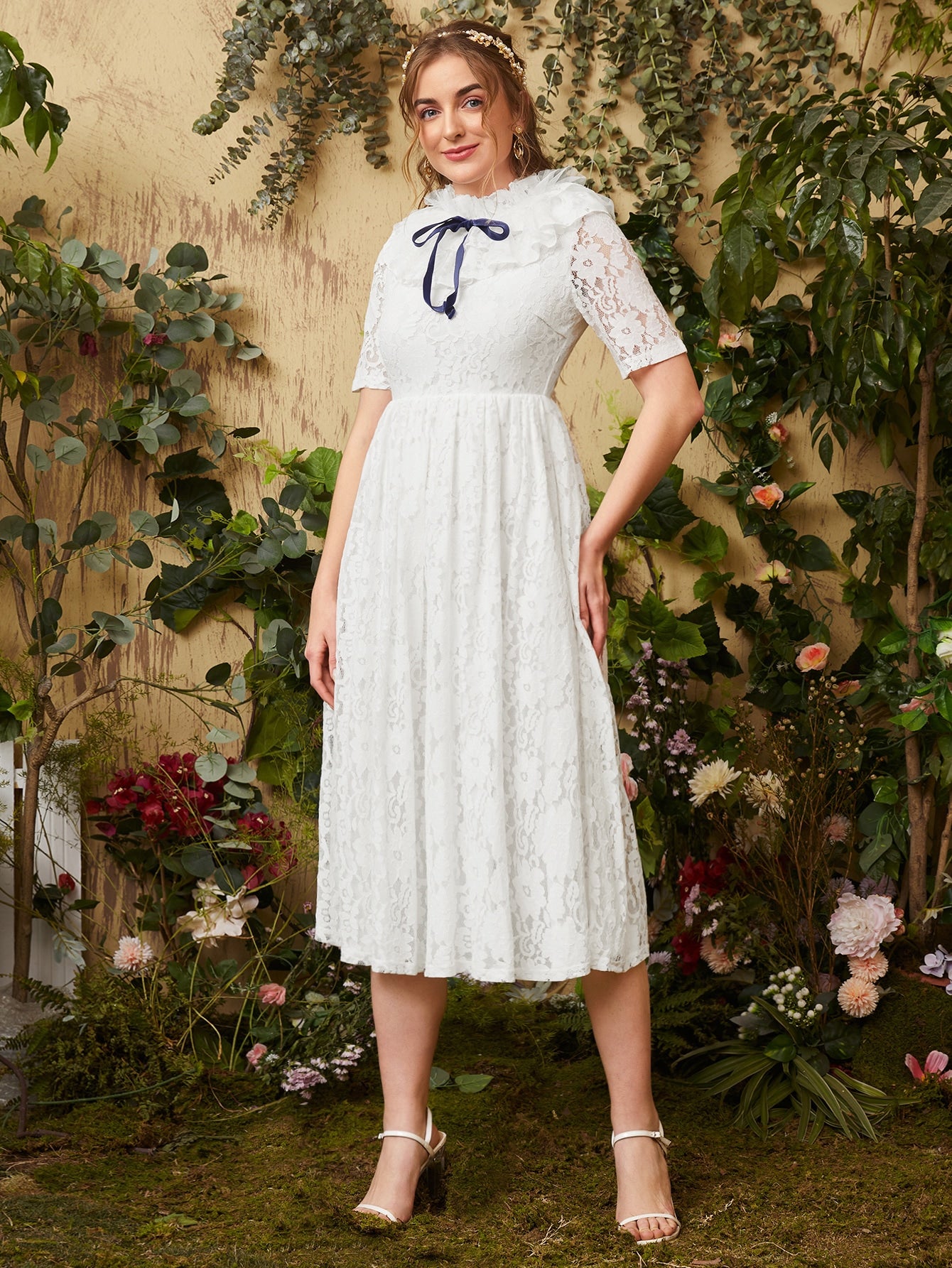 Frill Neck Knot Front Lace Overlay Dress