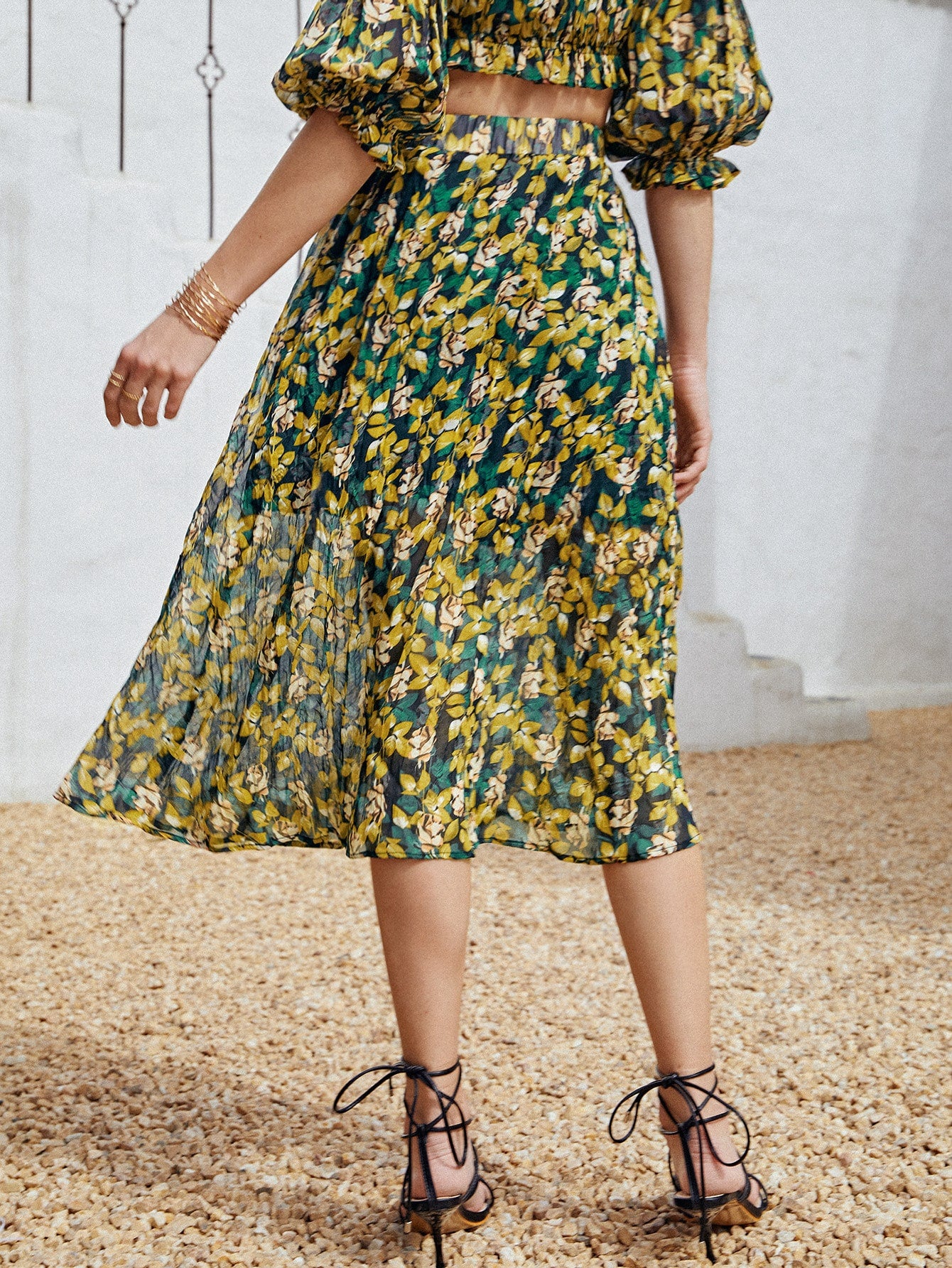 Floral Elastic Waist Pleated Skirt