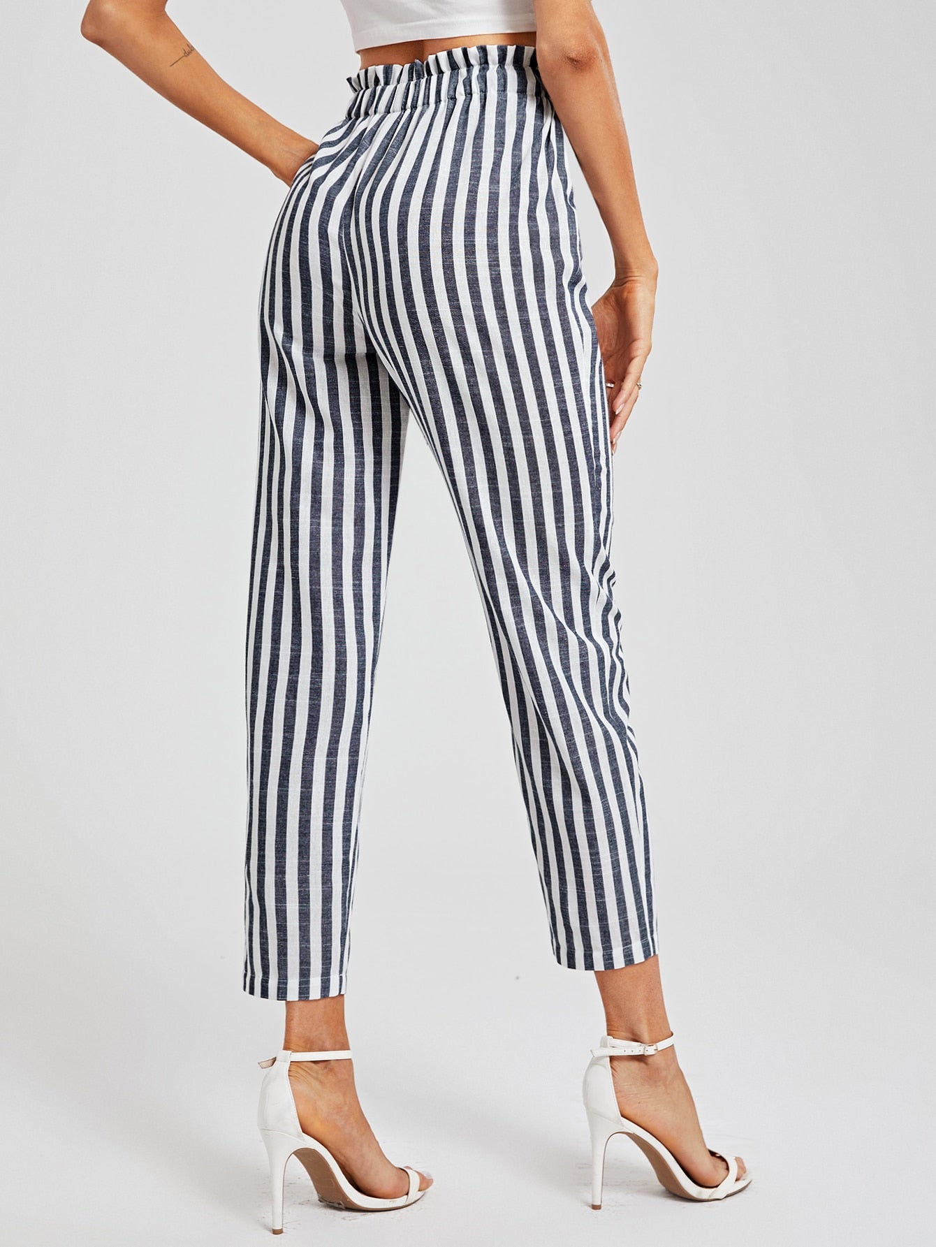 Paperbag Waist Tie Front Striped Cropped Pants
