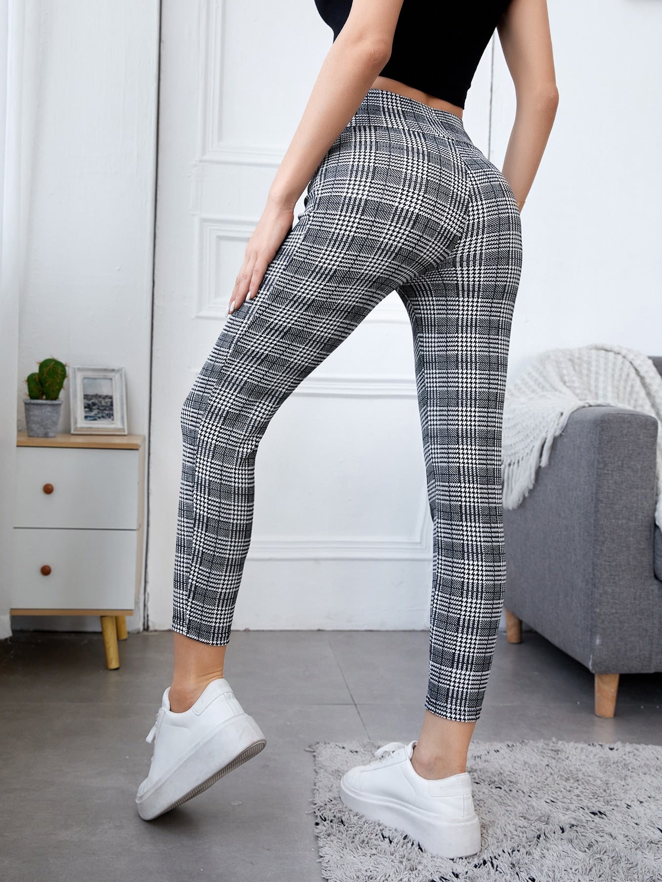 Plaid & Houndstooth Print Zipper Leggings