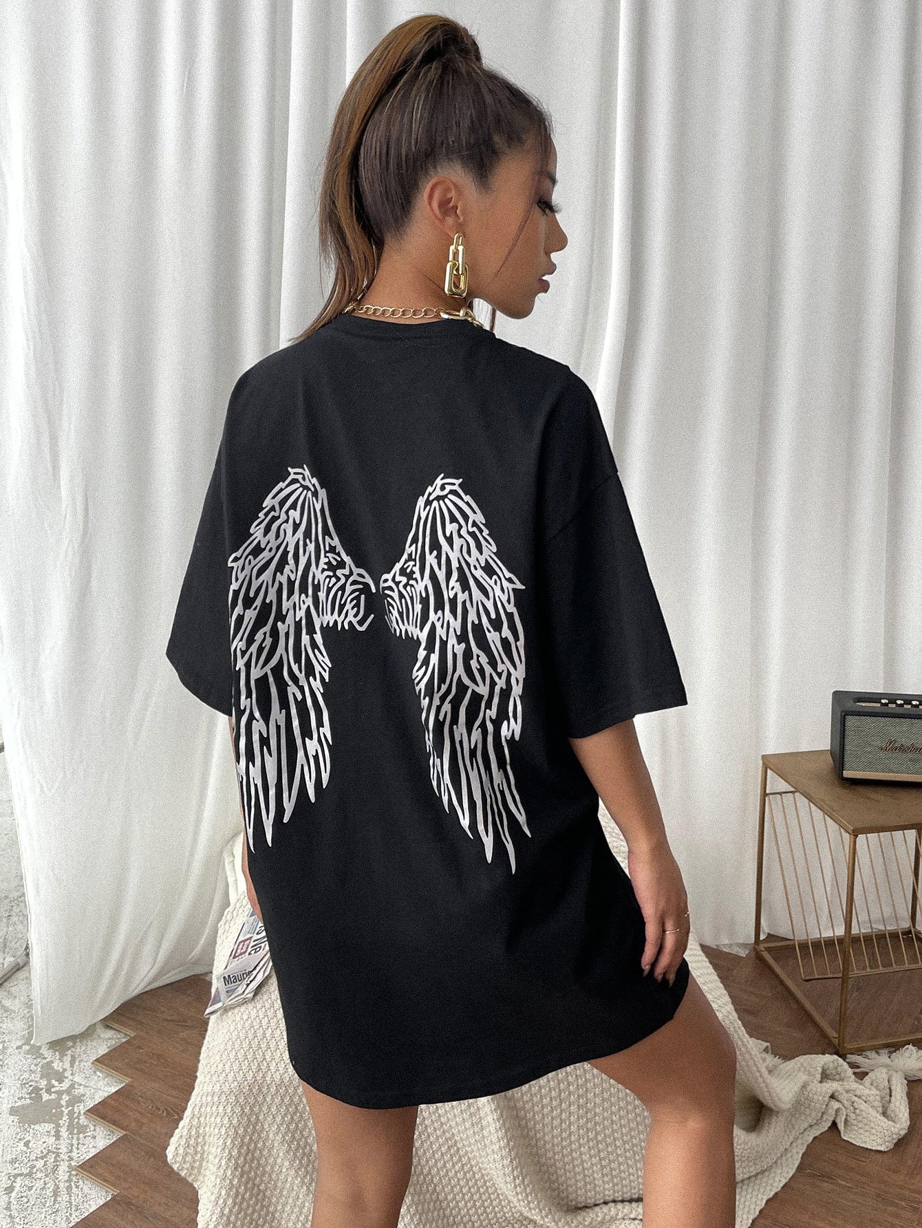Reflective Wing Print Drop Shoulder Tee Dress