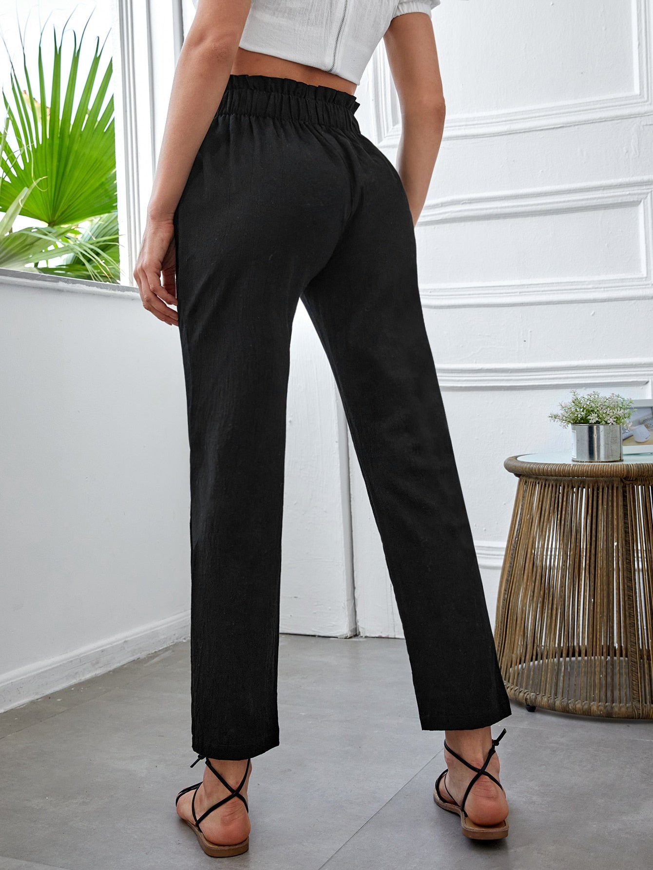Button Front Paper Bag Waist Pants