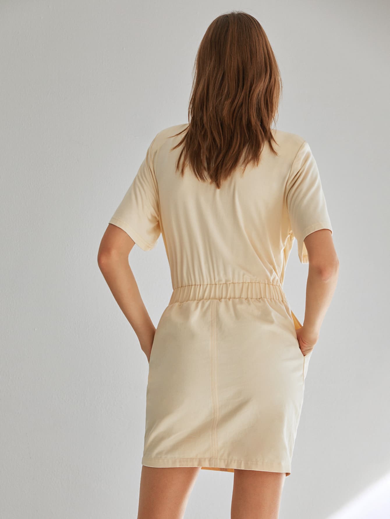 Elastic Waist Slant Pocket Mixed Media Dress