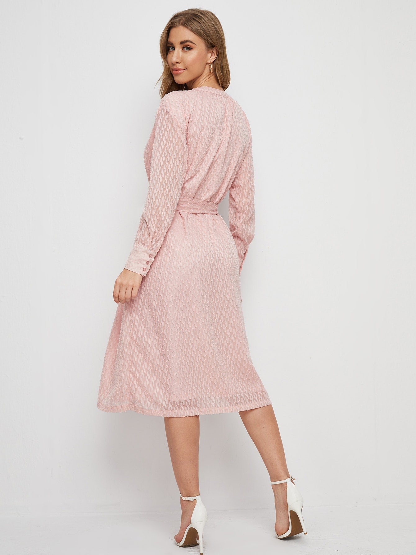 V-neck Self Belted Textured Dress