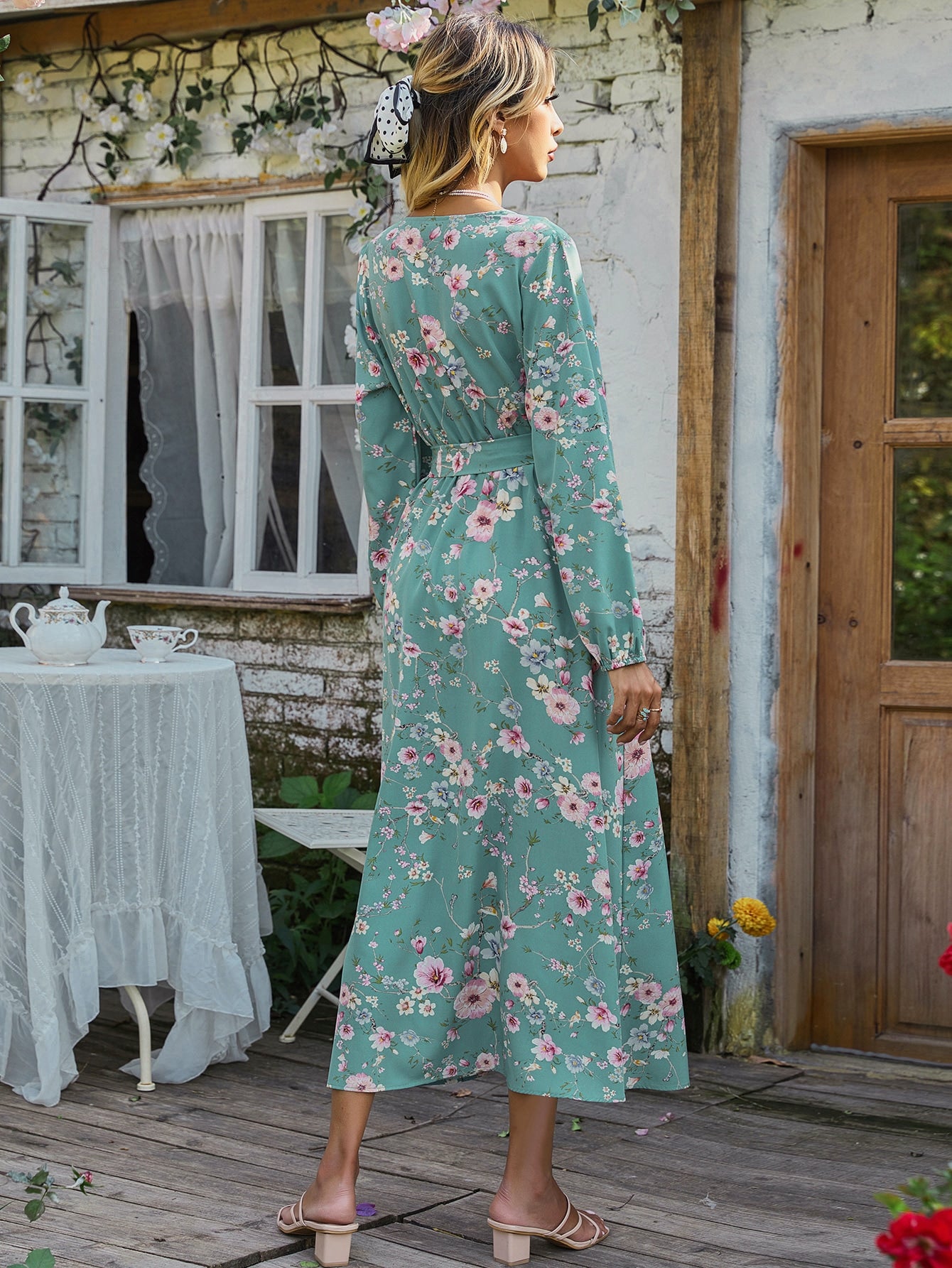 V-neck Floral Print Belted Dress