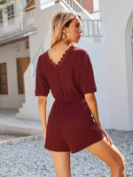 Contrast Guipure Lace V-neck Drawstring Waist Romper